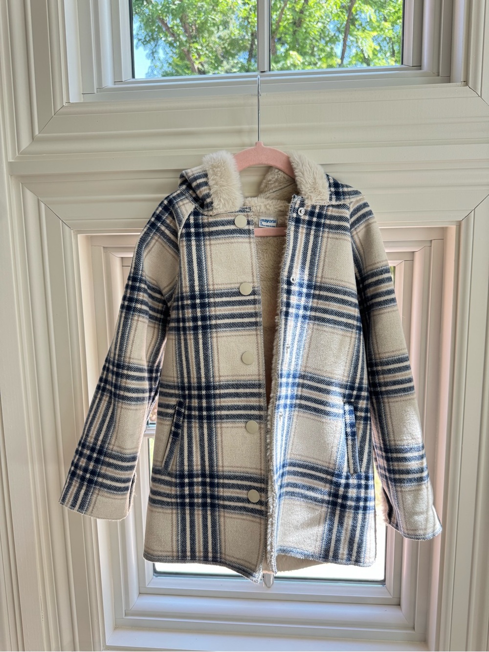 Mayoral Plaid Hooded Girls' Coat in Cream & Navy
